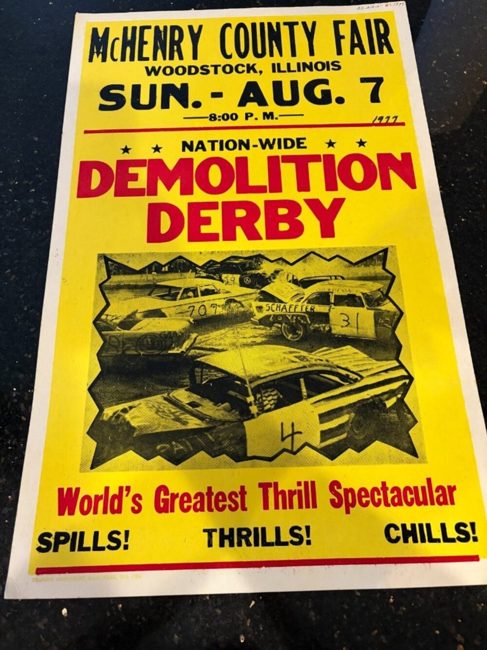 Vintage 1970s Demolition Derby window card poster McHenry County Fair 22" X 14"